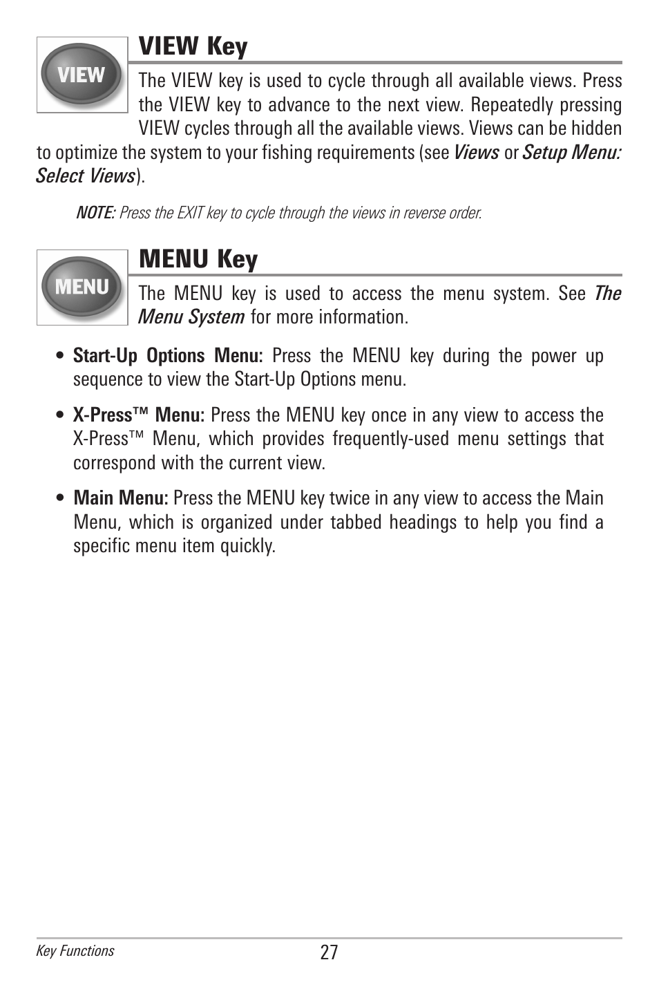 View key, Menu key | Humminbird 561 User Manual | Page 34 / 83