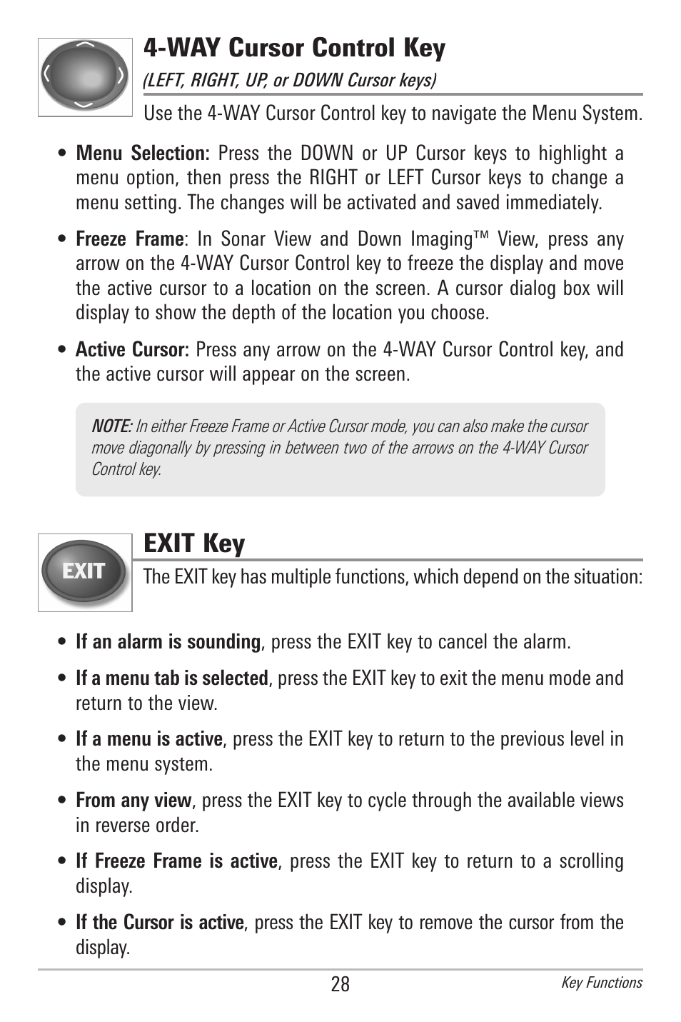 Way cursor control key, Exit key | Humminbird 561 User Manual | Page 35 / 83