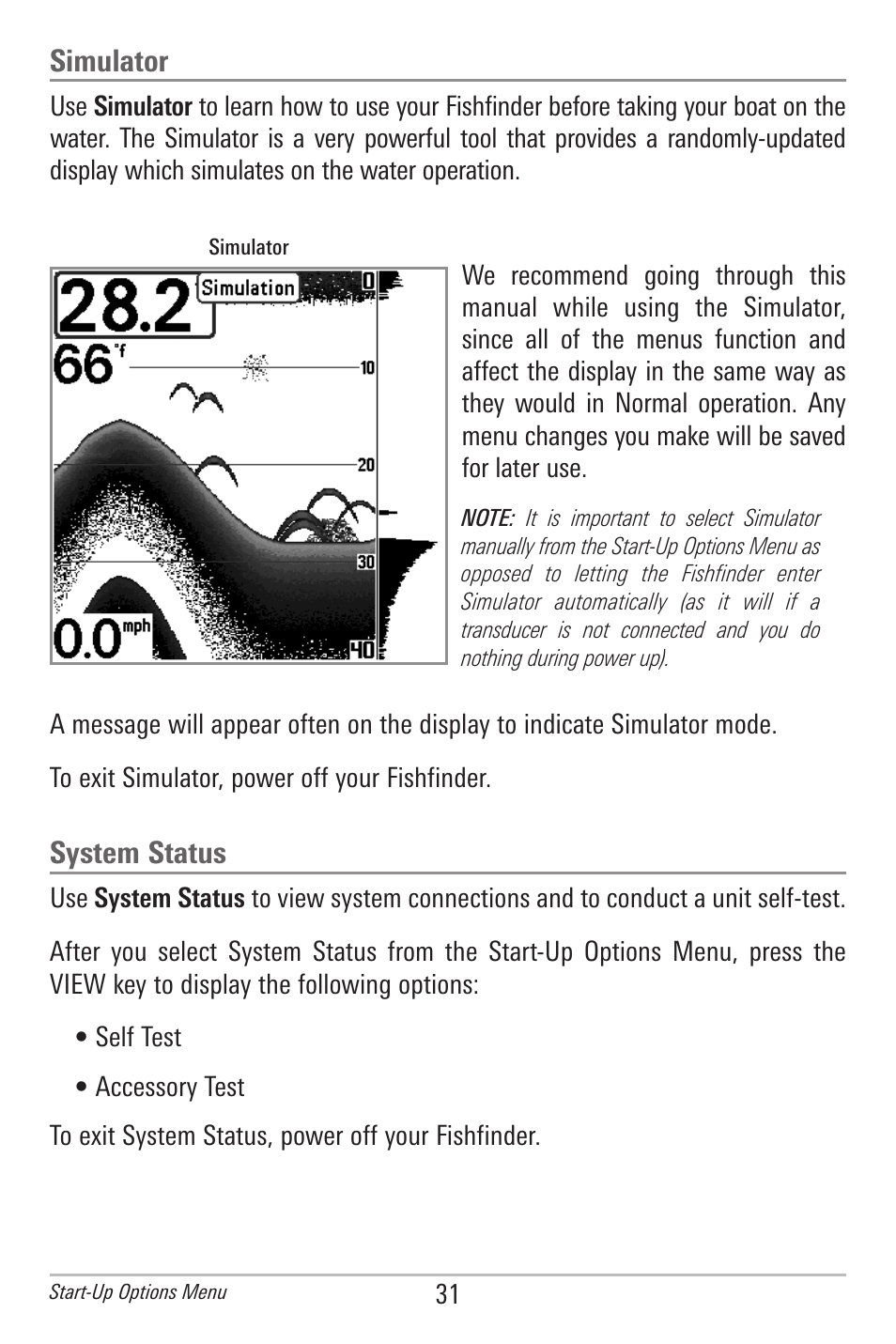 Simulator, System status | Humminbird 561 User Manual | Page 38 / 83