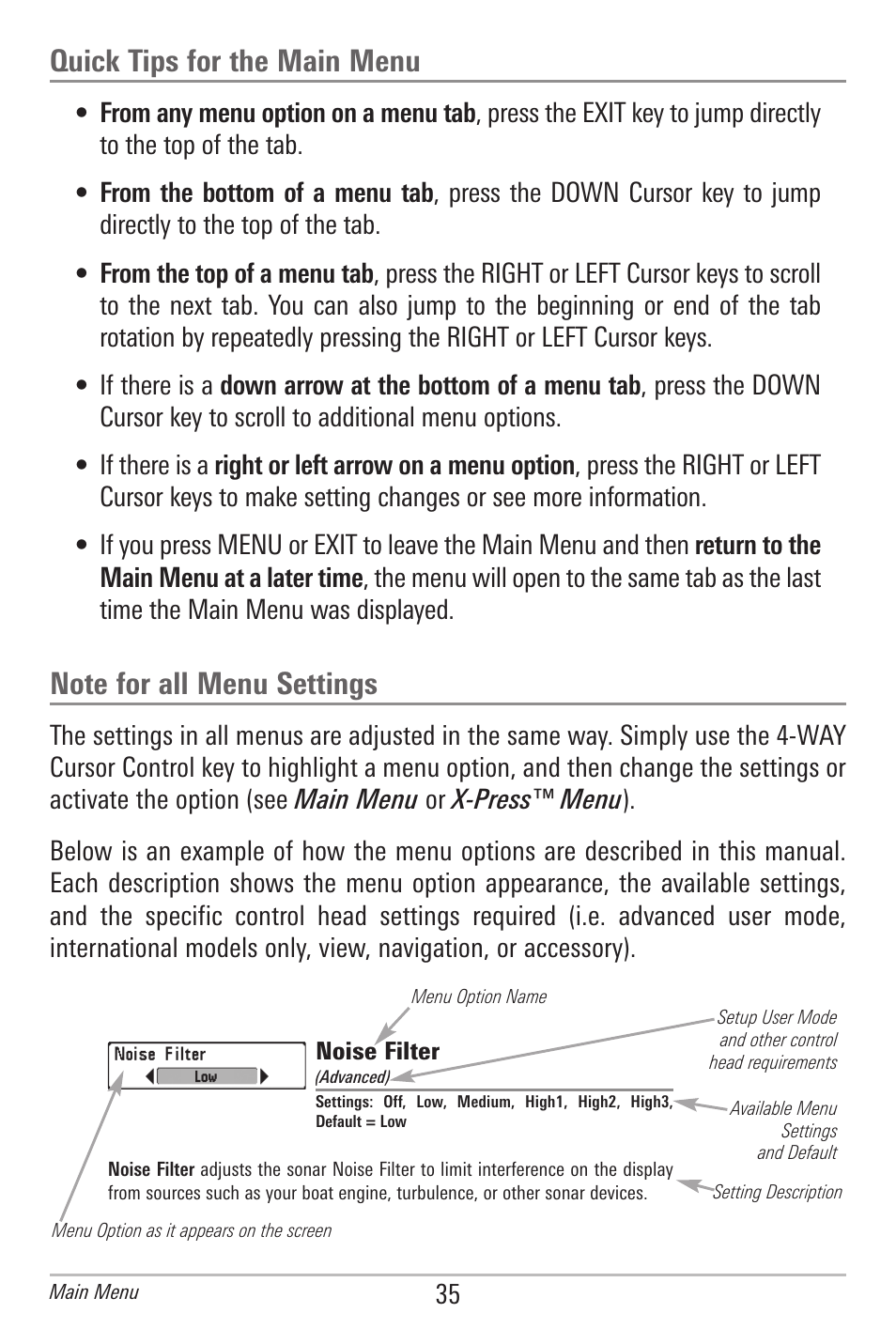 Quick tips for the main menu, Note for all menu settings | Humminbird 561 User Manual | Page 42 / 83