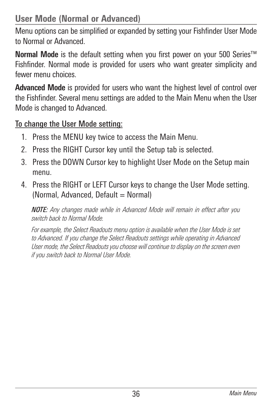 User mode (normal or advanced) | Humminbird 561 User Manual | Page 43 / 83