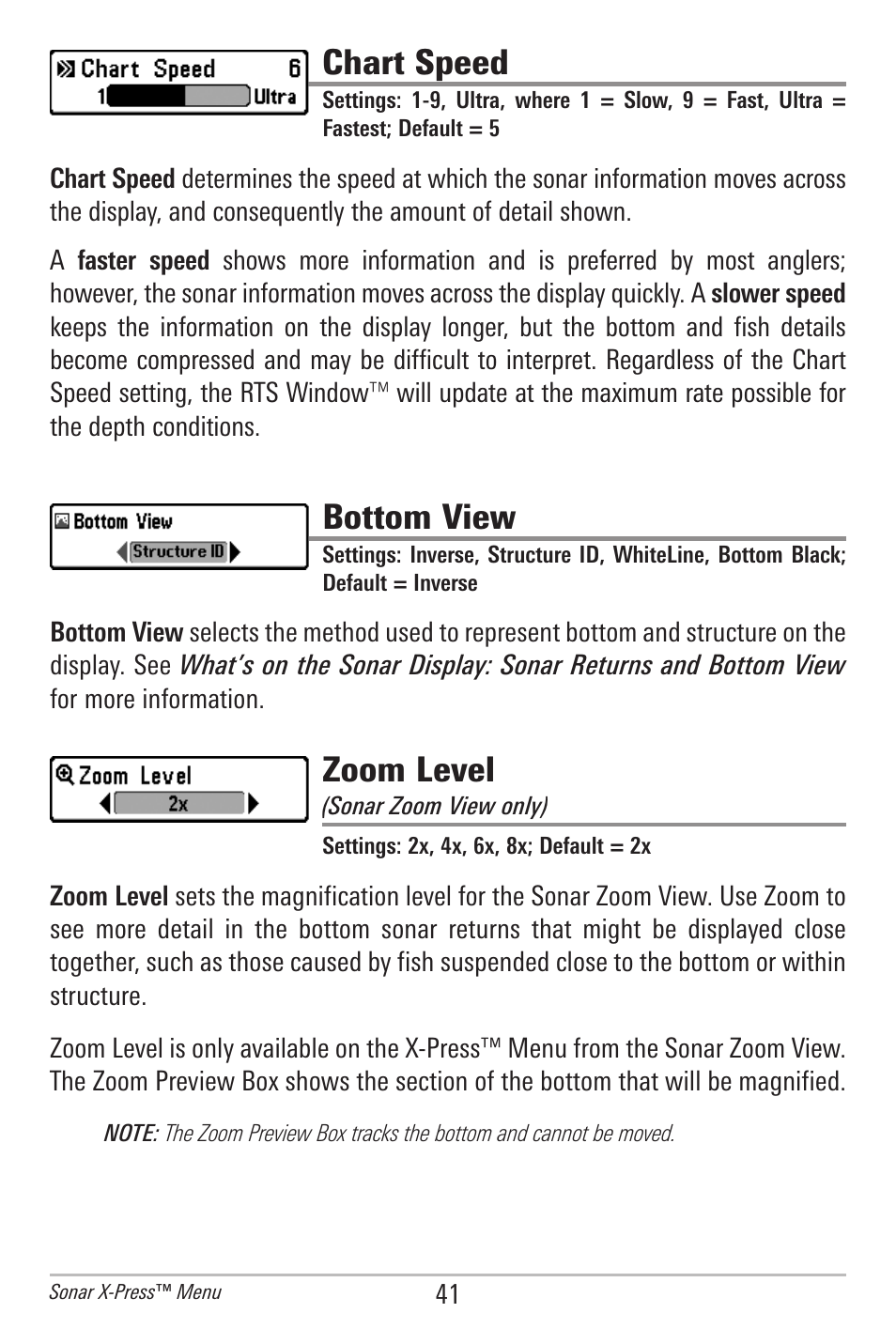 Chart speed, Bottom view, Zoom level | Humminbird 561 User Manual | Page 48 / 83