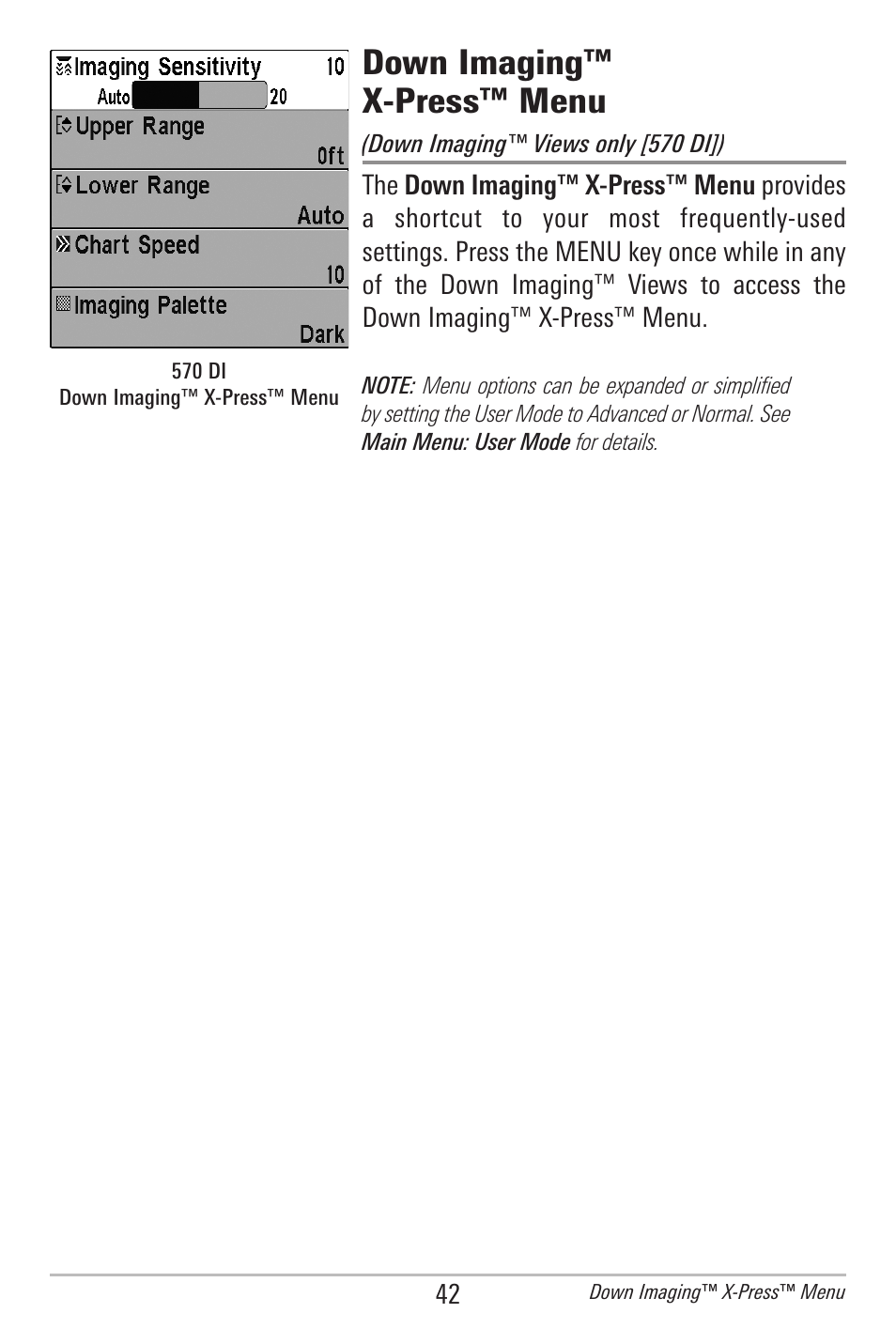 Down imaging™ x-press™ menu | Humminbird 561 User Manual | Page 49 / 83