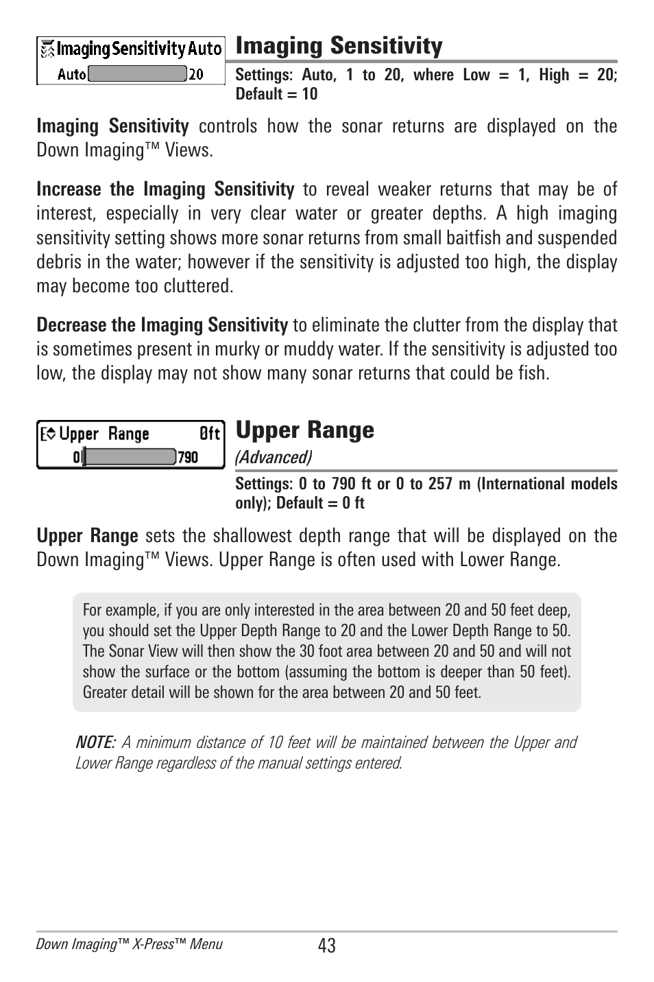 Imaging sensitivity, Upper range | Humminbird 561 User Manual | Page 50 / 83