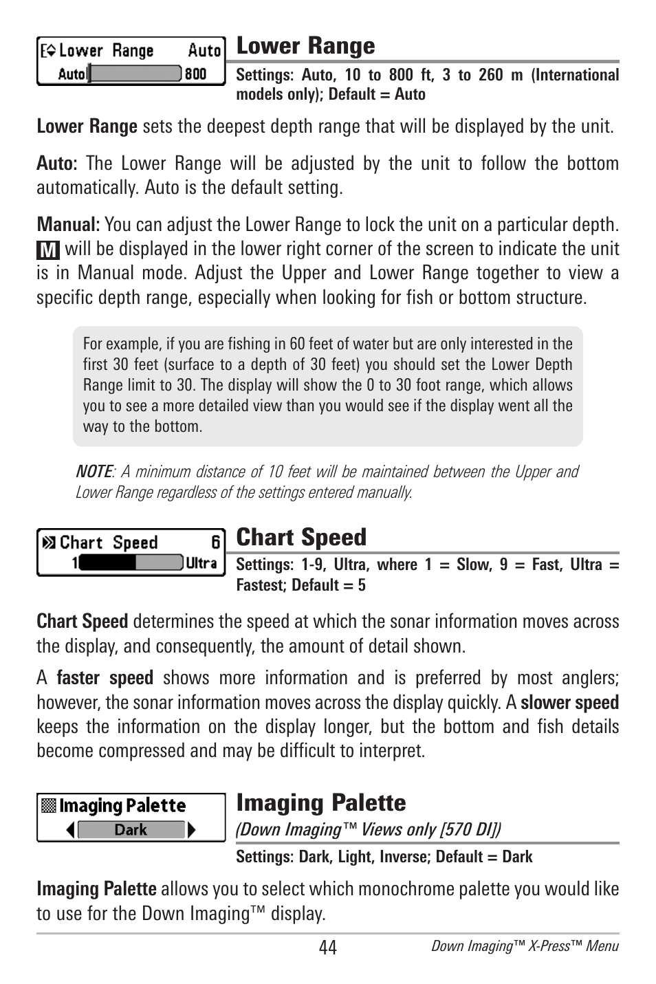 Lower range, Chart speed, Imaging palette | Humminbird 561 User Manual | Page 51 / 83