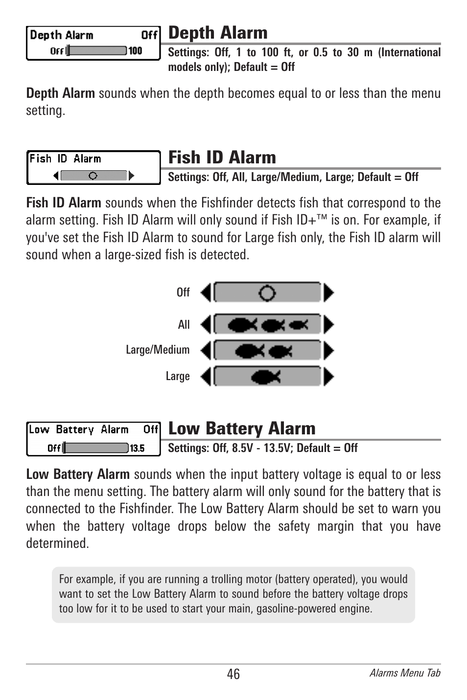 Depth alarm, Fish id alarm, Low battery alarm | Humminbird 561 User Manual | Page 53 / 83