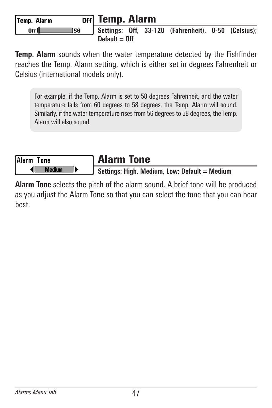 Temp. alarm, Alarm tone | Humminbird 561 User Manual | Page 54 / 83