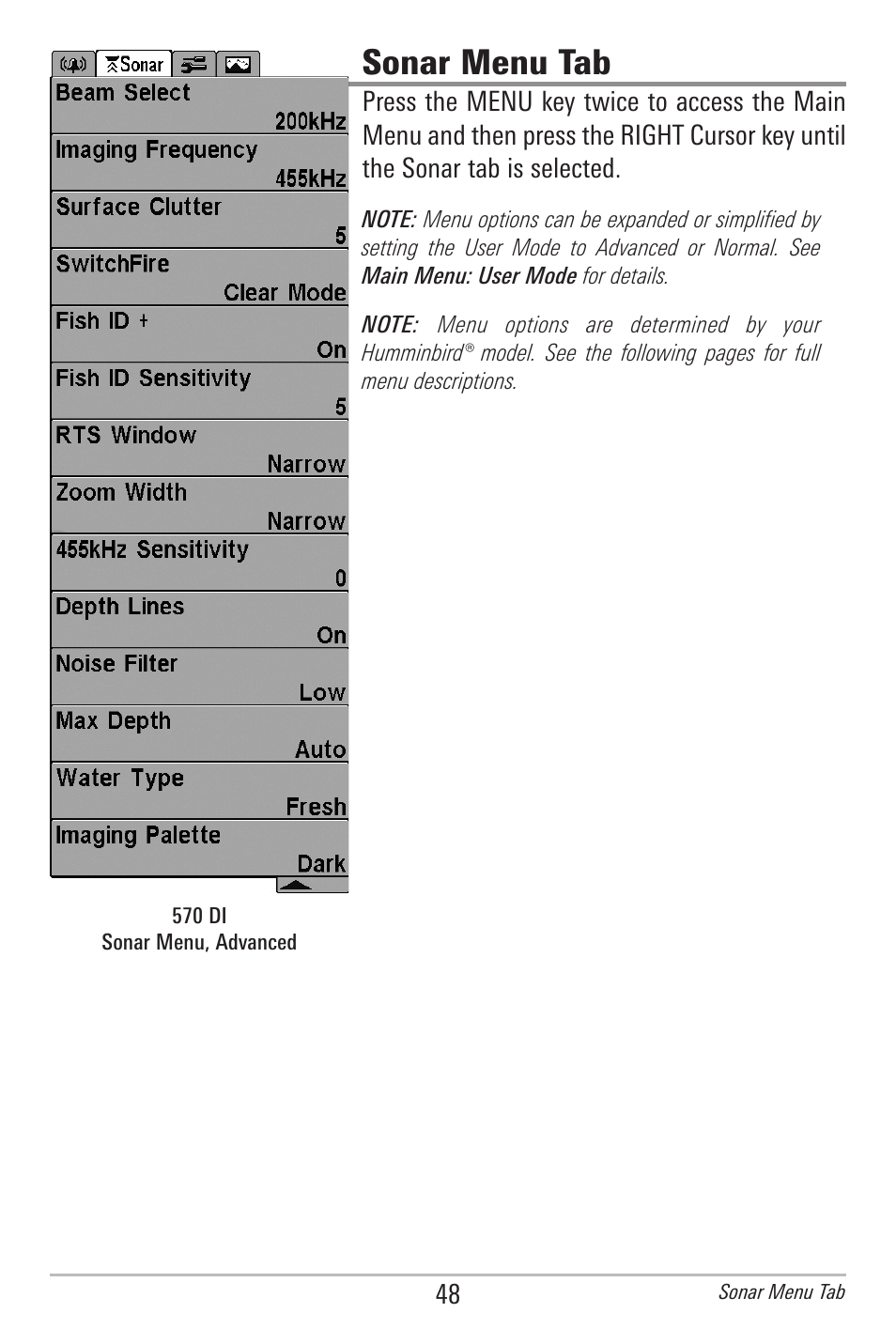 Sonar menu tab | Humminbird 561 User Manual | Page 55 / 83