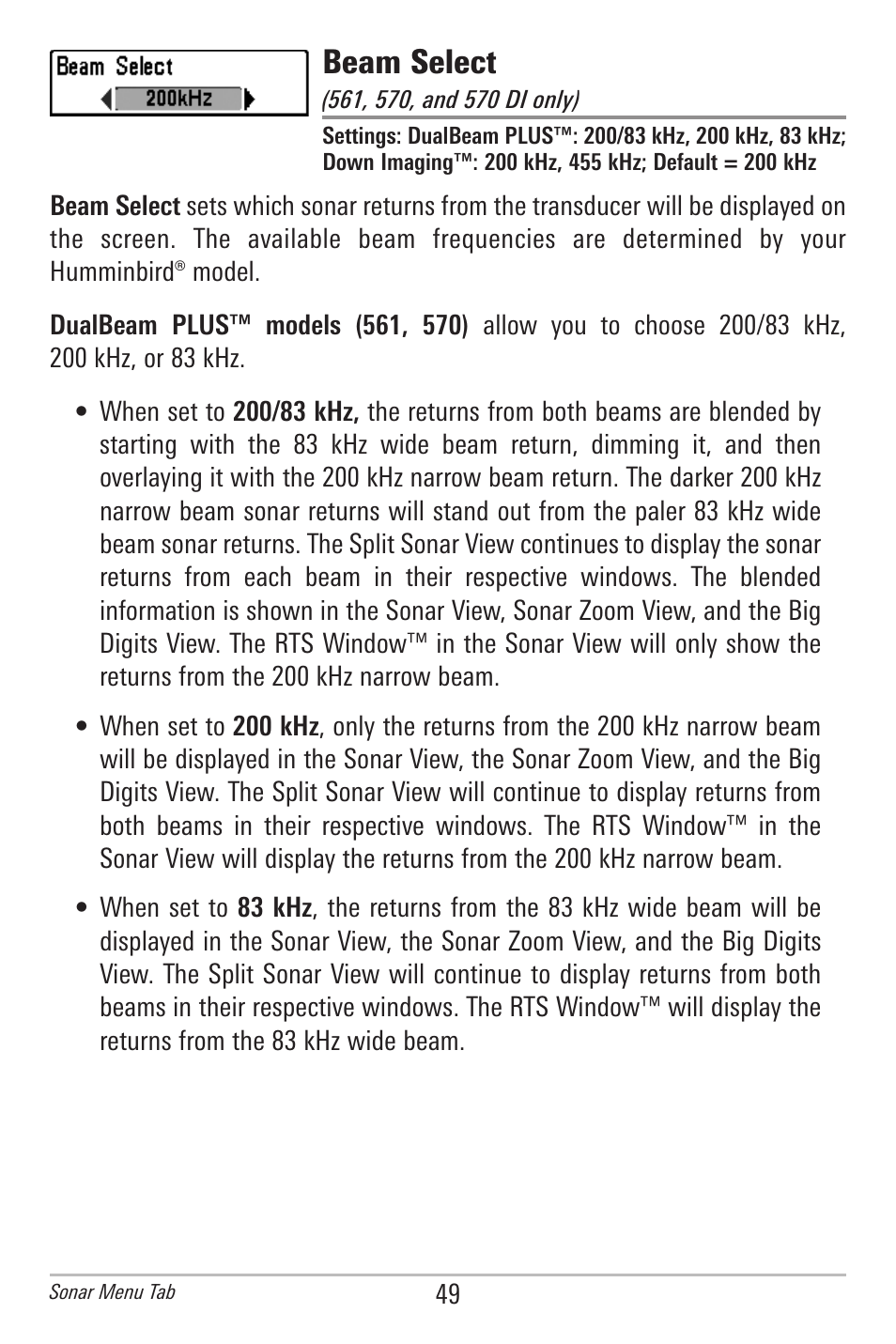 Beam select | Humminbird 561 User Manual | Page 56 / 83