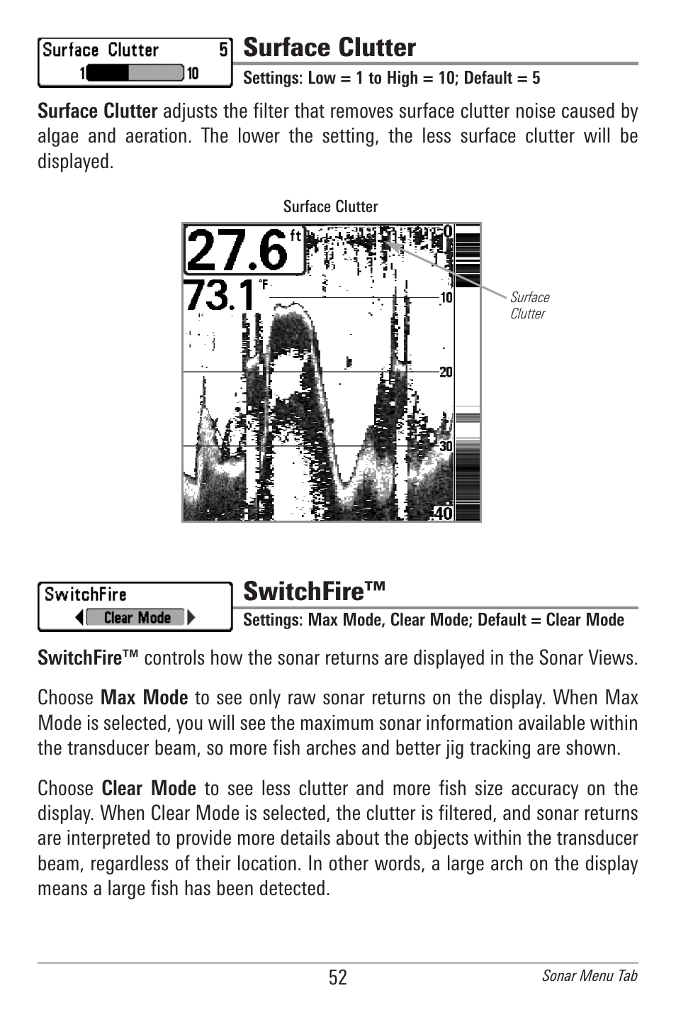 Surface clutter, Switchfire | Humminbird 561 User Manual | Page 59 / 83