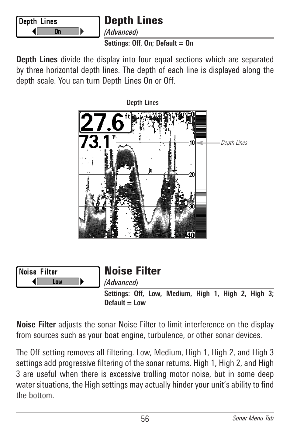 Depth lines, Noise filter | Humminbird 561 User Manual | Page 63 / 83