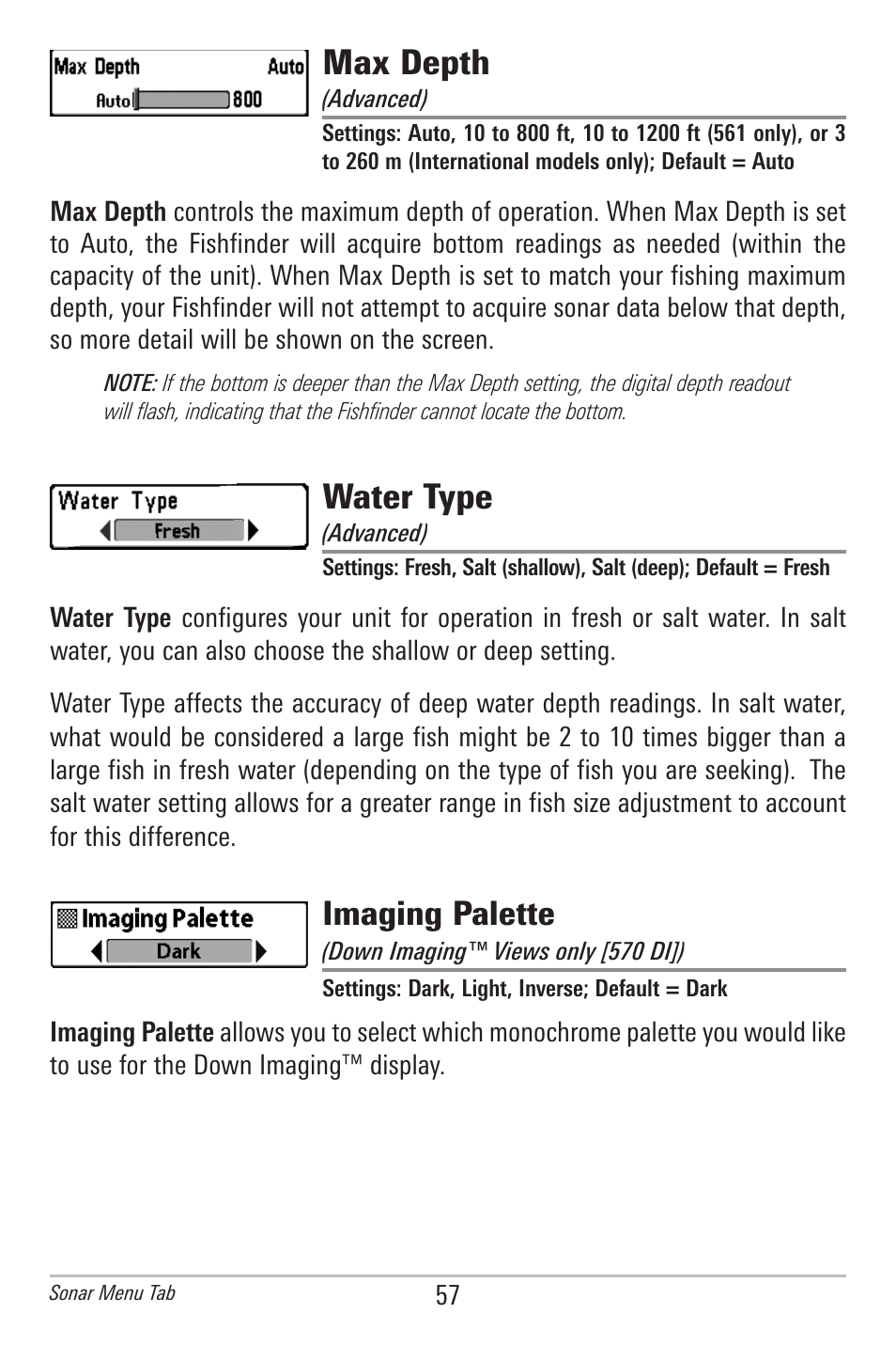 Max depth, Water type, Imaging palette | Humminbird 561 User Manual | Page 64 / 83