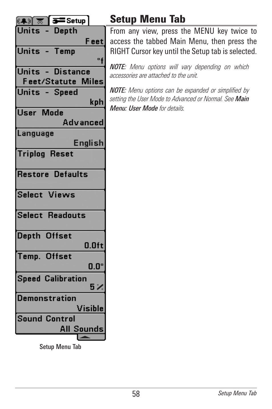 Setup menu tab | Humminbird 561 User Manual | Page 65 / 83