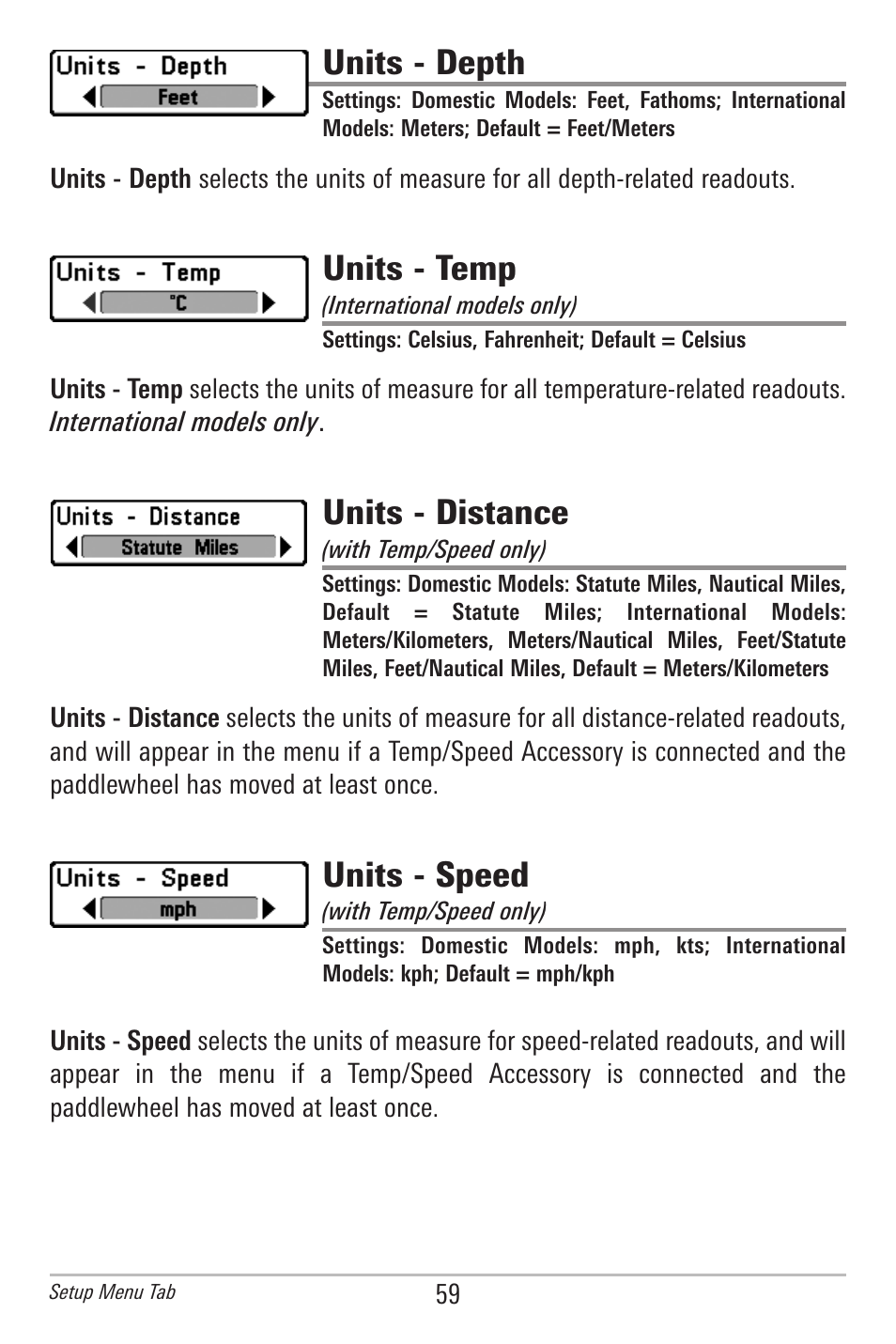 Units - depth, Units - temp, Units - distance | Units - speed | Humminbird 561 User Manual | Page 66 / 83