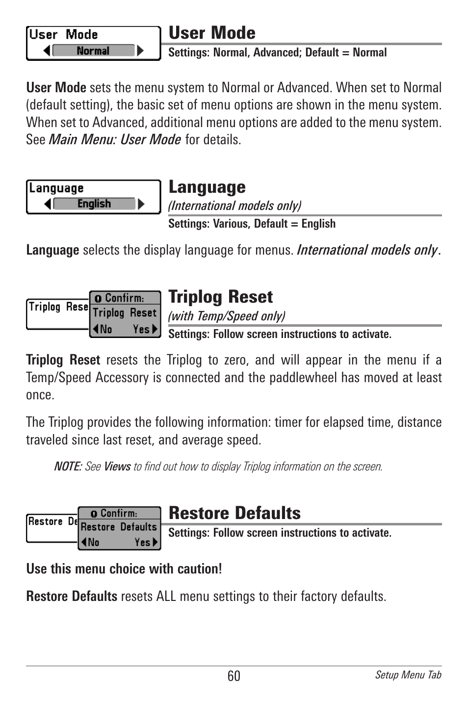 User mode, Language, Triplog reset | Restore defaults | Humminbird 561 User Manual | Page 67 / 83