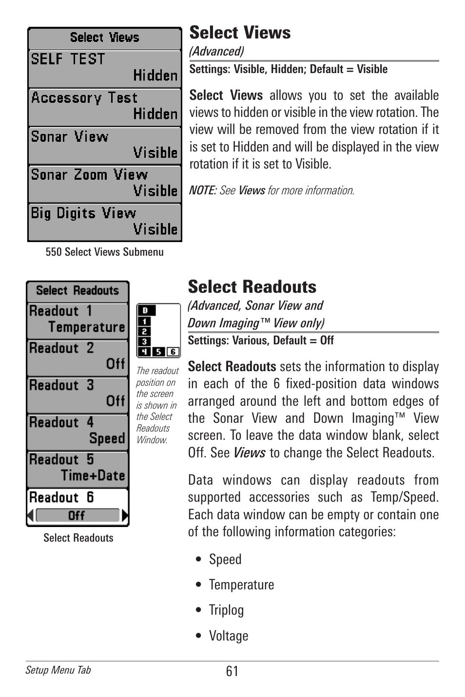 Select views, Select readouts | Humminbird 561 User Manual | Page 68 / 83