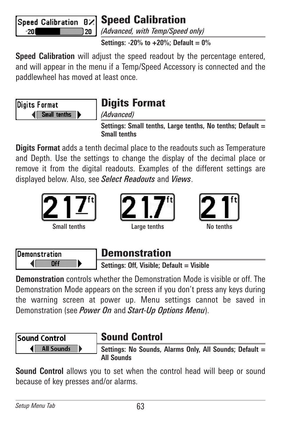 Speed calibration, Digits format, Demonstration | Sound control | Humminbird 561 User Manual | Page 70 / 83