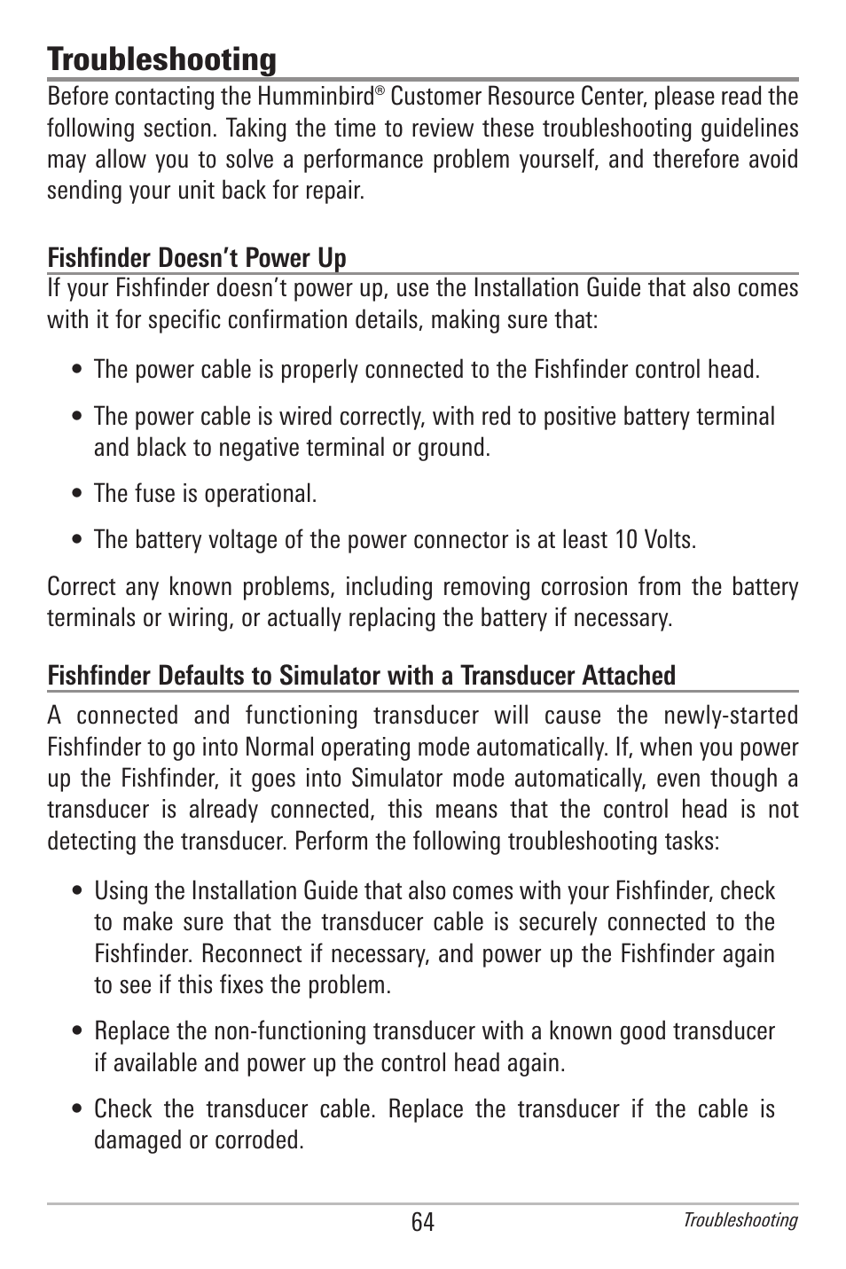 Troubleshooting, Fishfinder doesn’t power up | Humminbird 561 User Manual | Page 71 / 83