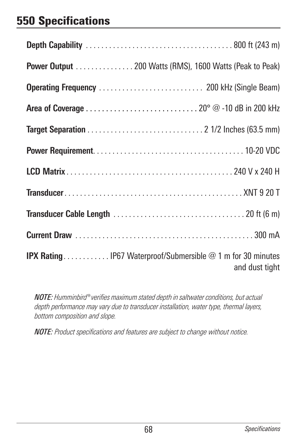 Specifications, 550 specifications | Humminbird 561 User Manual | Page 75 / 83