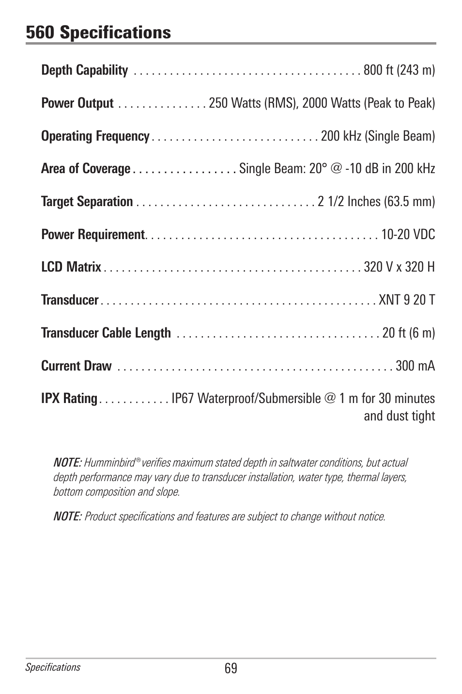 560 specifications | Humminbird 561 User Manual | Page 76 / 83