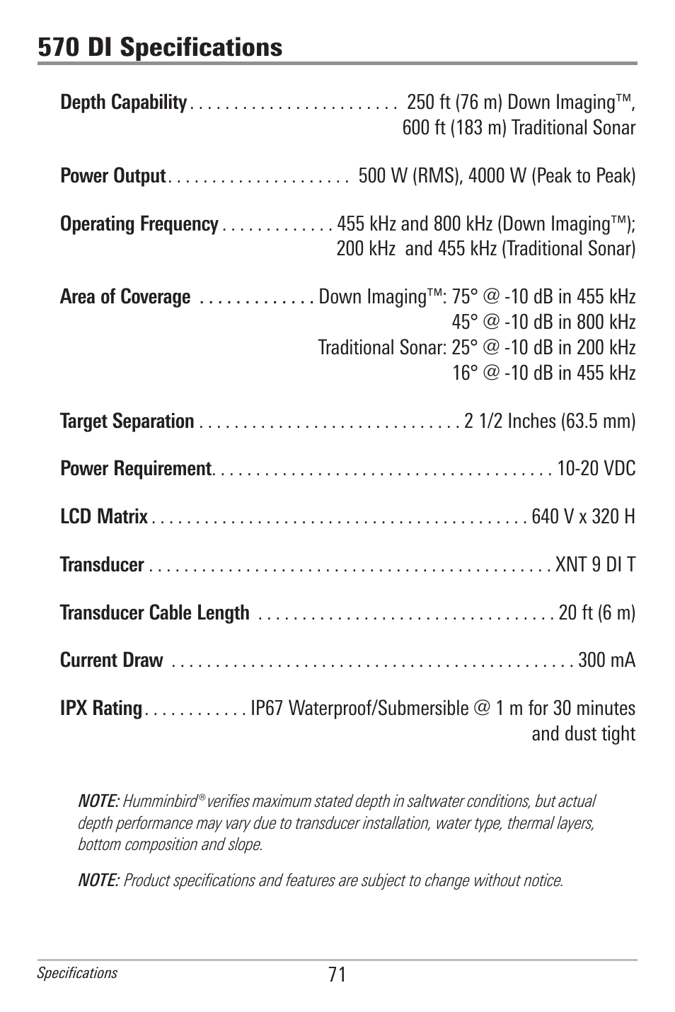 570 di specifications | Humminbird 561 User Manual | Page 78 / 83