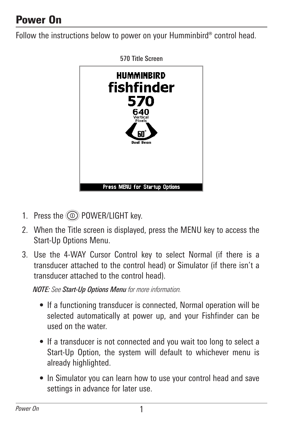 Power on | Humminbird 561 User Manual | Page 8 / 83