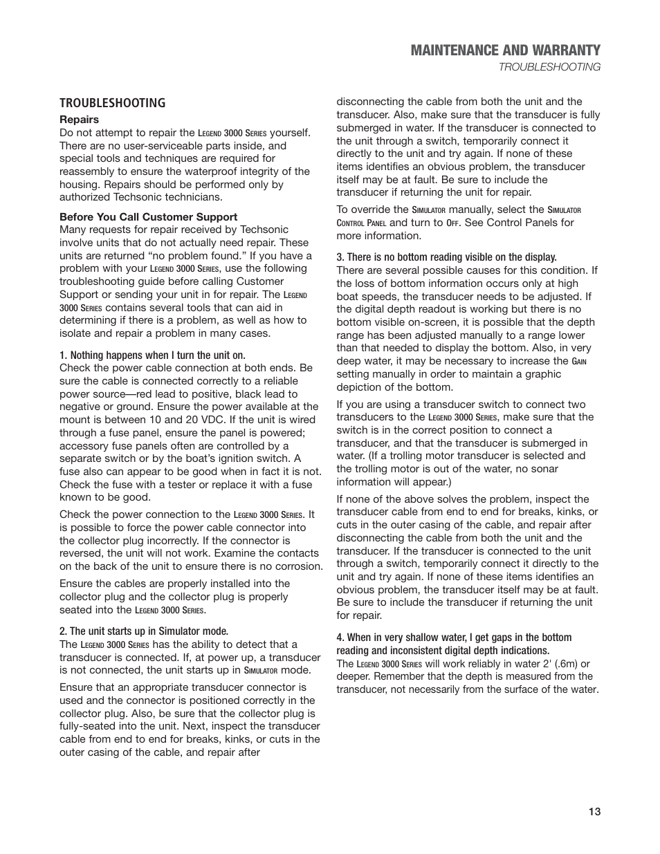 Maintenance and warranty, Troubleshooting | Humminbird Legend 3000 User Manual | Page 15 / 18