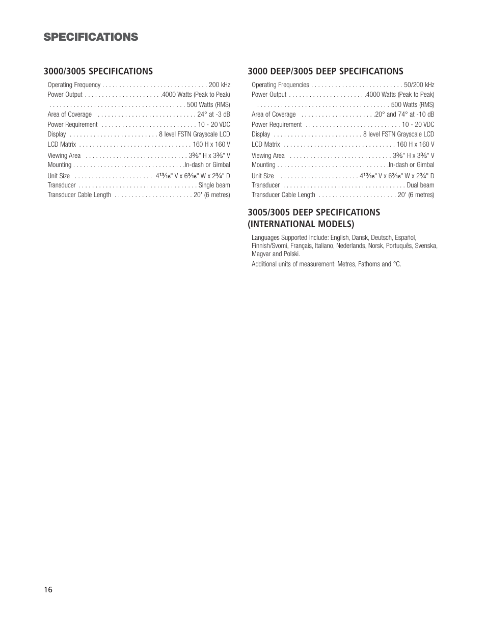 Specifications | Humminbird Legend 3000 User Manual | Page 18 / 18