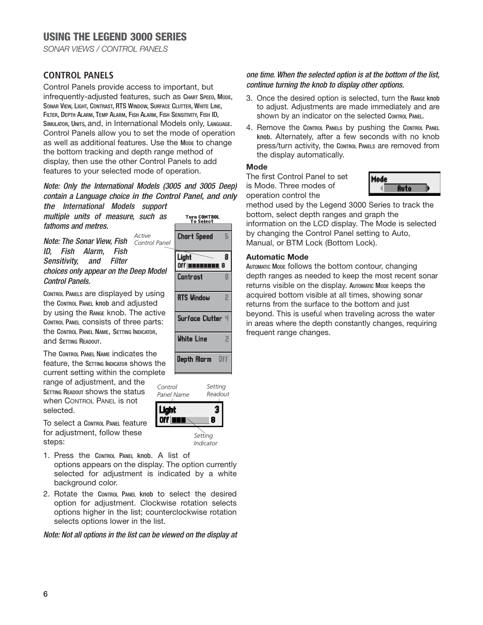 Using the legend 3000 series, Control panels | Humminbird Legend 3000 User Manual | Page 8 / 18