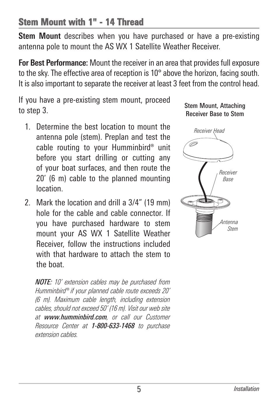 Stem mount with 1" - 14 thread | Humminbird AS WX 1 User Manual | Page 11 / 52