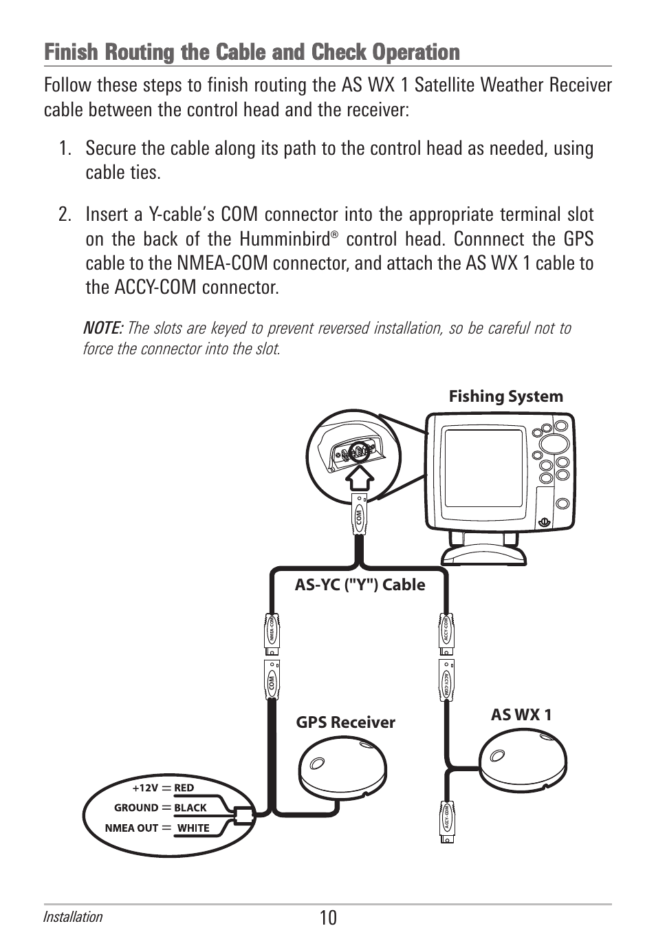 Finish routing the cable and check operation, As-yc ("y") cable gps receiver as wx 1 | Humminbird AS WX 1 User Manual | Page 16 / 52