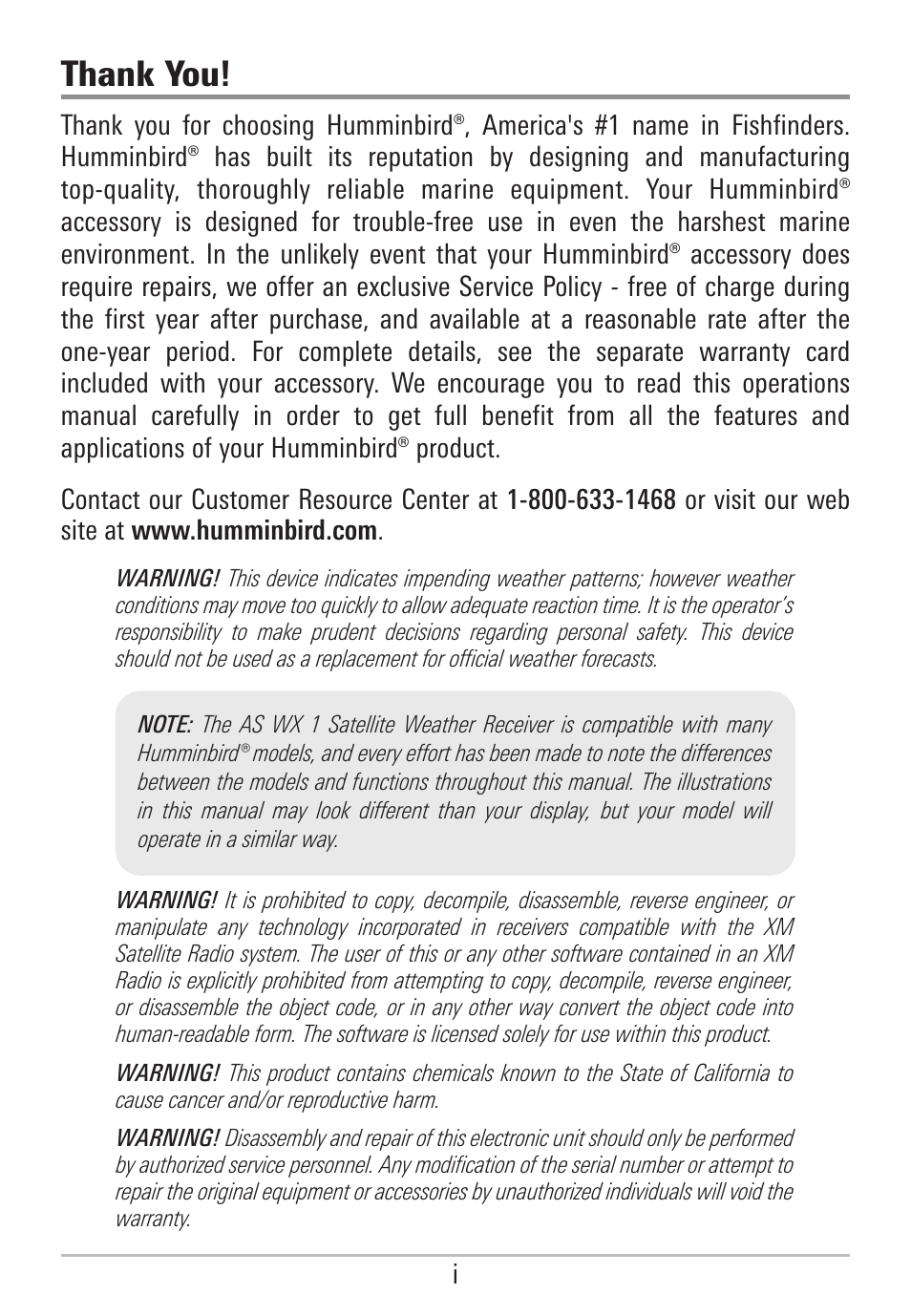 Thank you, Warning | Humminbird AS WX 1 User Manual | Page 2 / 52
