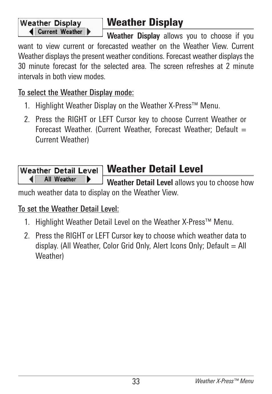 Weather display, Weather detail level | Humminbird AS WX 1 User Manual | Page 39 / 52