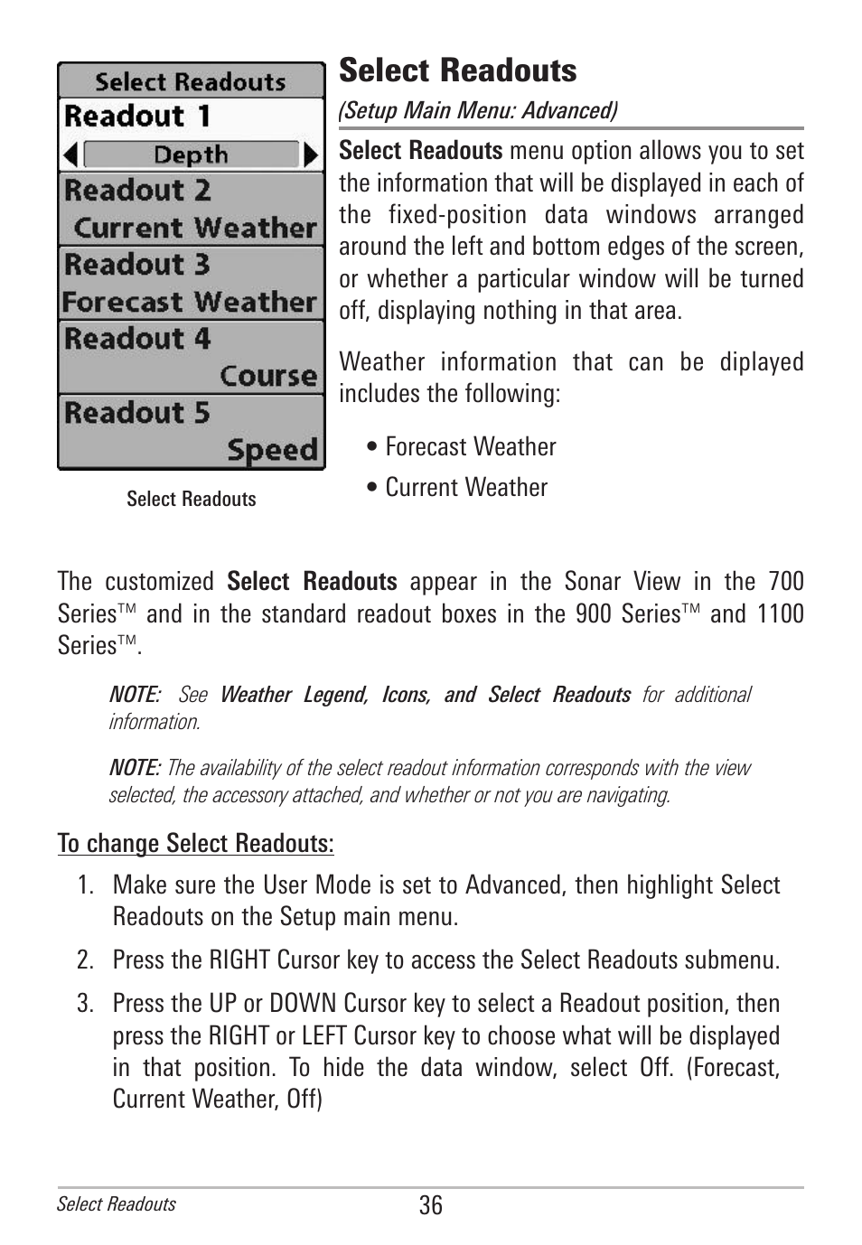 Select readouts | Humminbird AS WX 1 User Manual | Page 42 / 52
