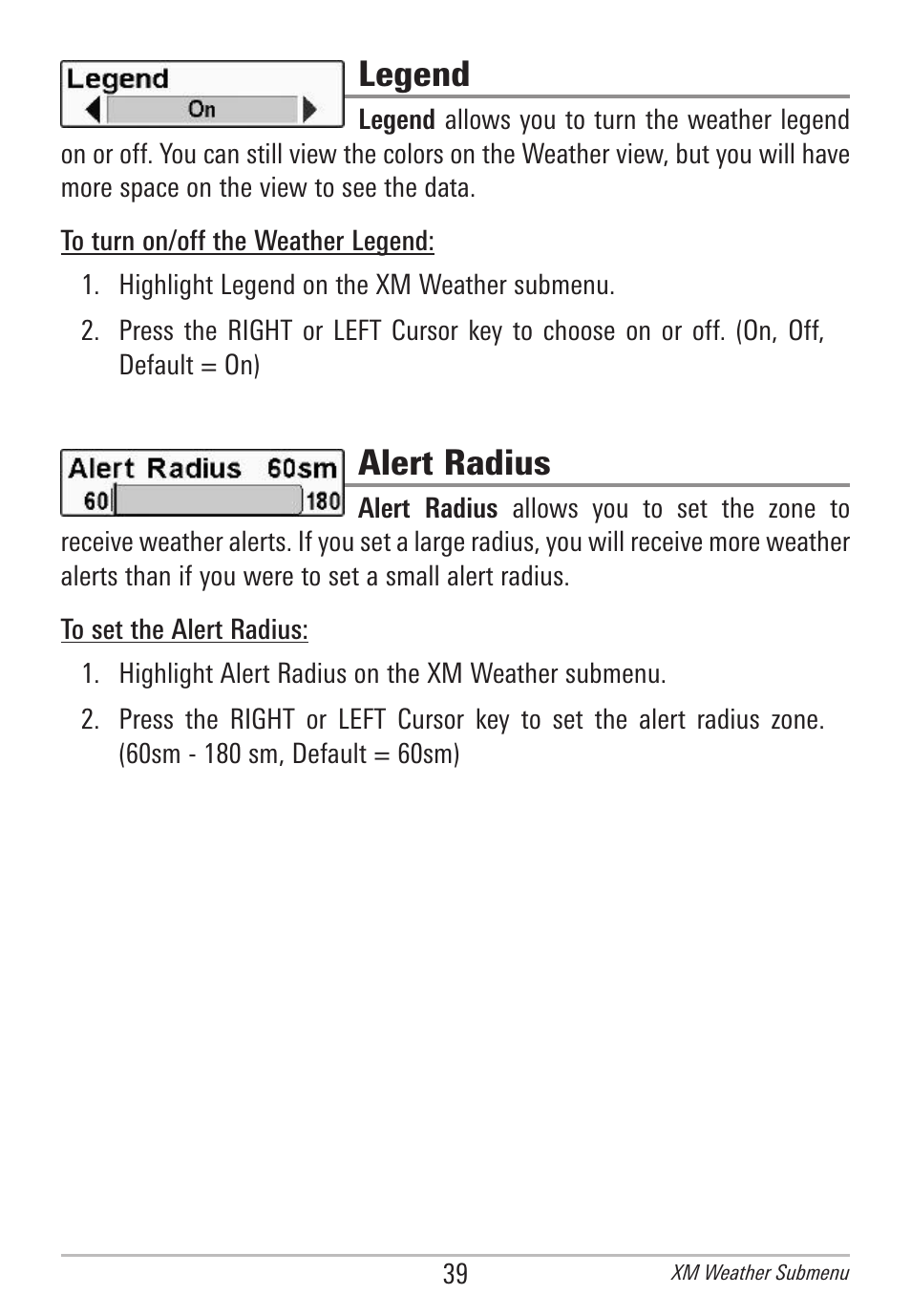 Legend, Alert radius | Humminbird AS WX 1 User Manual | Page 45 / 52