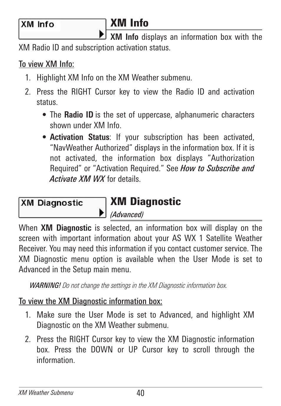 Xm info, Xm diagnostic | Humminbird AS WX 1 User Manual | Page 46 / 52