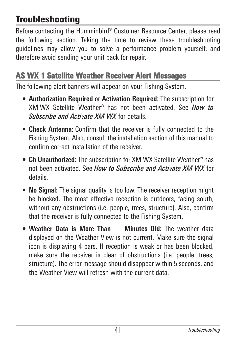 Troubleshooting, As wx 1 satellite weather receiver alert messages | Humminbird AS WX 1 User Manual | Page 47 / 52