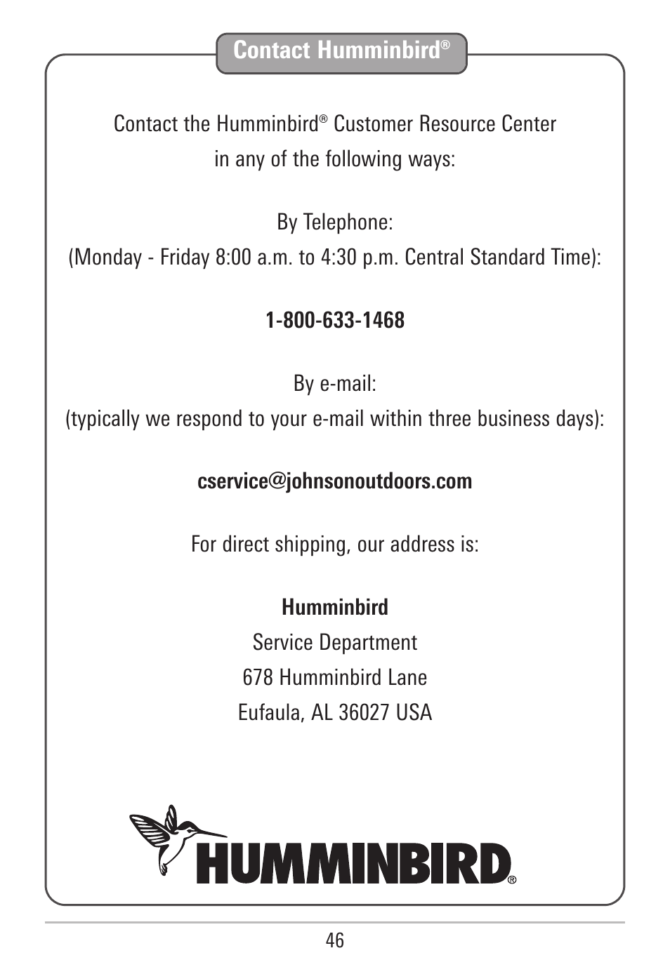 Contact humminbird | Humminbird AS WX 1 User Manual | Page 52 / 52