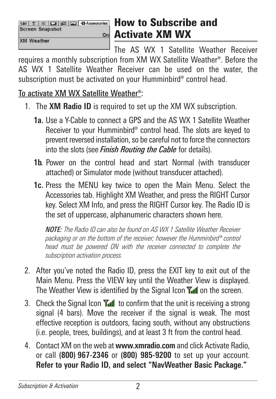How to subscribe and activate xm wx | Humminbird AS WX 1 User Manual | Page 8 / 52