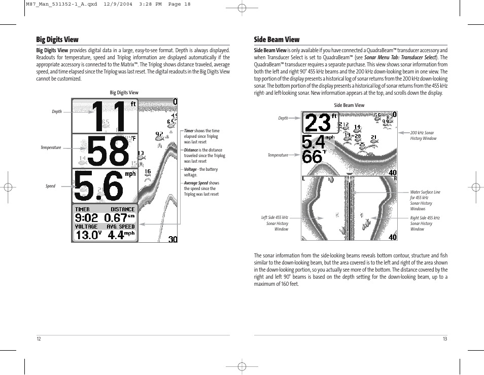 Big digits view, Side beam view | Humminbird Matrix Series Sonar Fishfinder Model Matrix 87 User Manual | Page 10 / 45