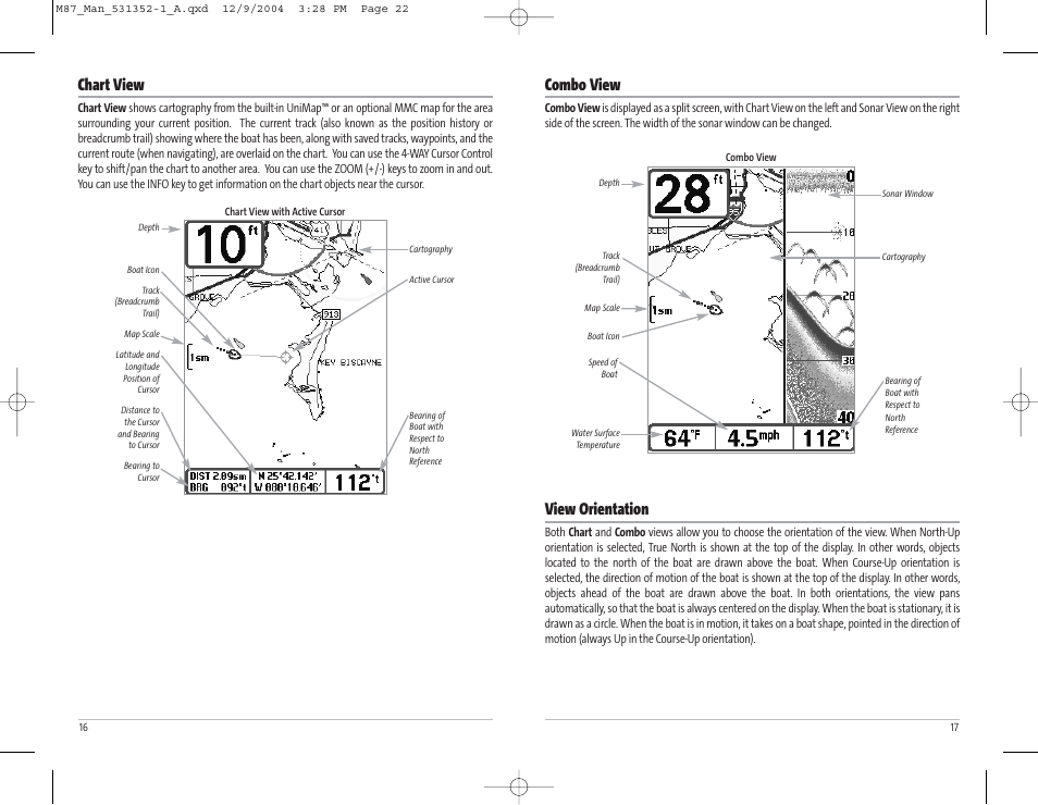 Combo view, View orientation, Chart view | Humminbird Matrix Series Sonar Fishfinder Model Matrix 87 User Manual | Page 12 / 45