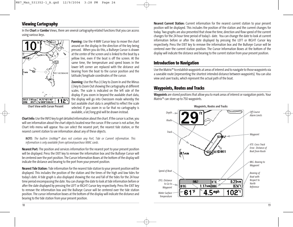 Introduction to navigation, Waypoints, routes and tracks, Viewing cartography | Humminbird Matrix Series Sonar Fishfinder Model Matrix 87 User Manual | Page 13 / 45