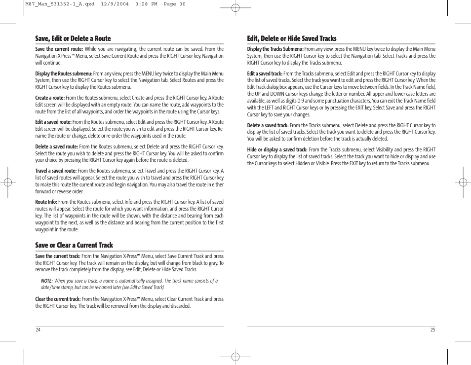 Edit, delete or hide saved tracks, Save, edit or delete a route, Save or clear a current track | Humminbird Matrix Series Sonar Fishfinder Model Matrix 87 User Manual | Page 16 / 45