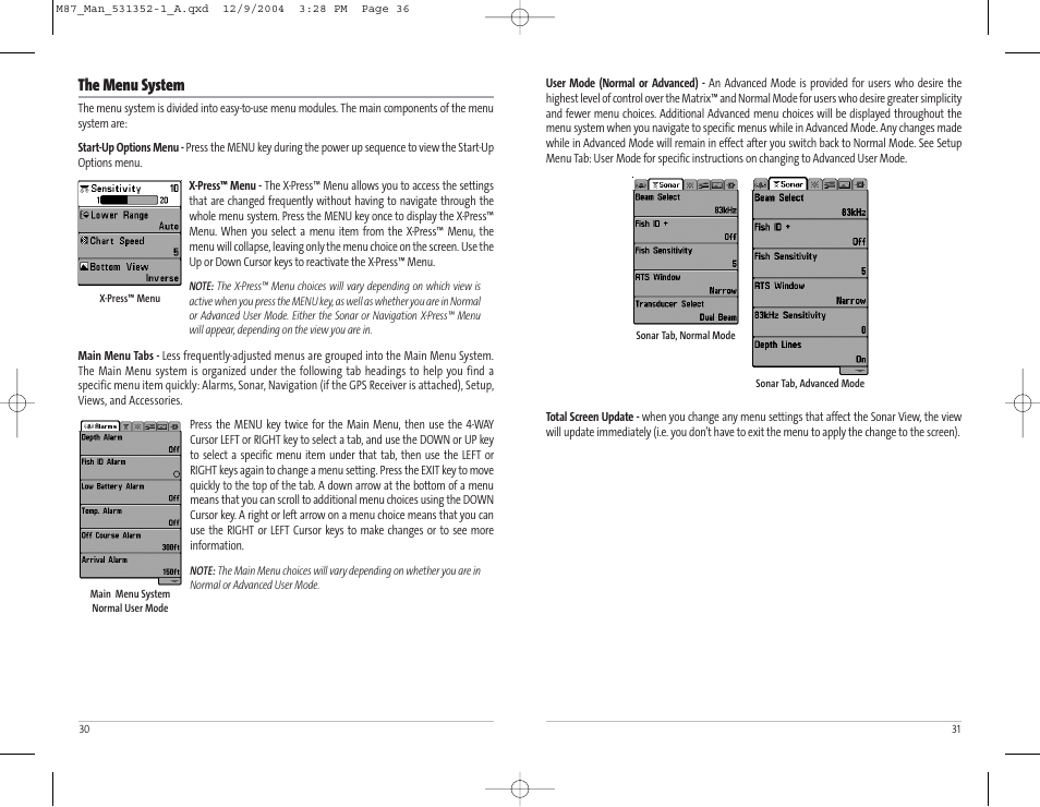 The menu system | Humminbird Matrix Series Sonar Fishfinder Model Matrix 87 User Manual | Page 19 / 45