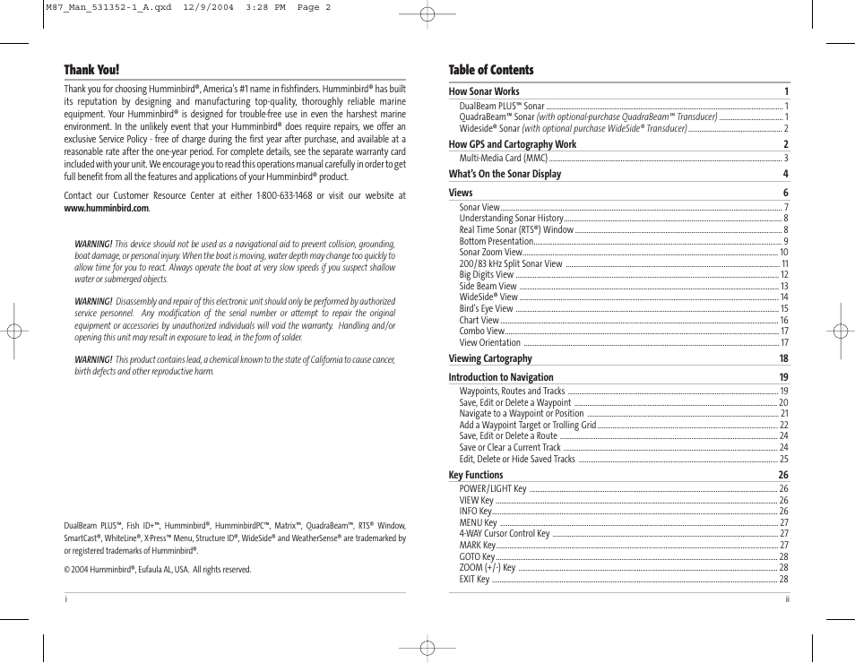 Humminbird Matrix Series Sonar Fishfinder Model Matrix 87 User Manual | Page 2 / 45