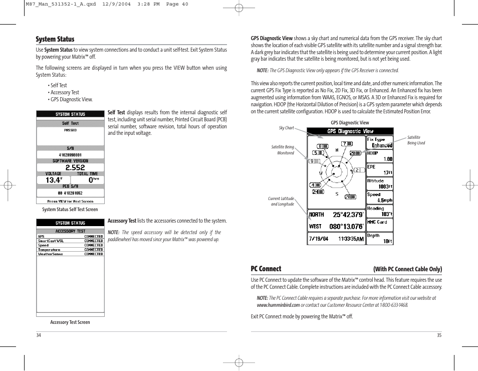 Pc connect, System status | Humminbird Matrix Series Sonar Fishfinder Model Matrix 87 User Manual | Page 21 / 45