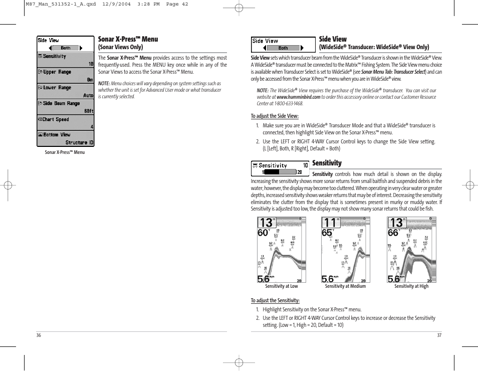 Side view, Sensitivity, Sonar x-press™ menu | Humminbird Matrix Series Sonar Fishfinder Model Matrix 87 User Manual | Page 22 / 45