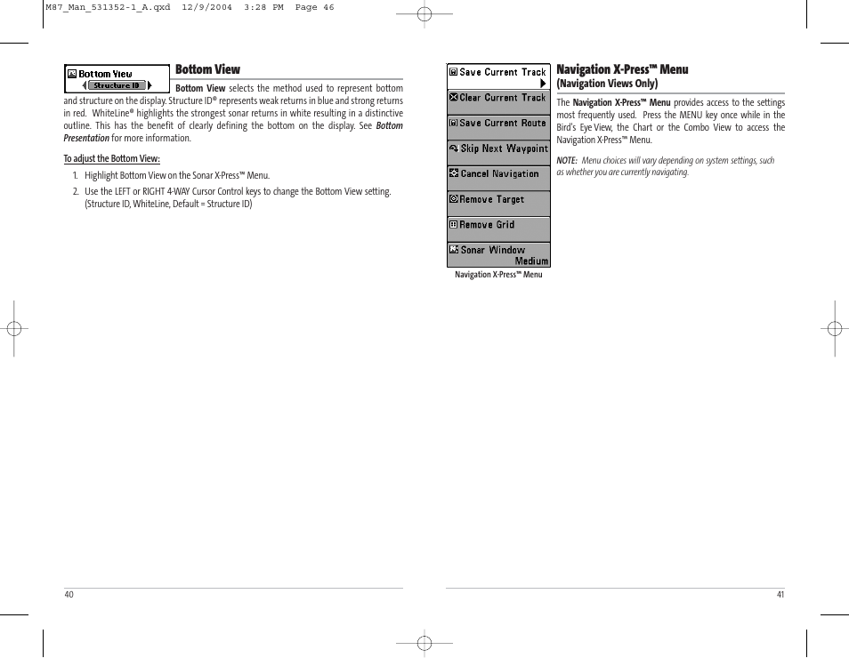 Navigation x-press™ menu, Bottom view | Humminbird Matrix Series Sonar Fishfinder Model Matrix 87 User Manual | Page 24 / 45