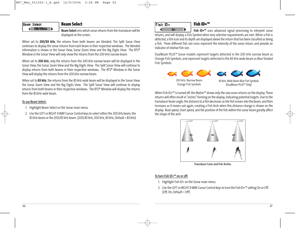 Fish id, Beam select | Humminbird Matrix Series Sonar Fishfinder Model Matrix 87 User Manual | Page 27 / 45