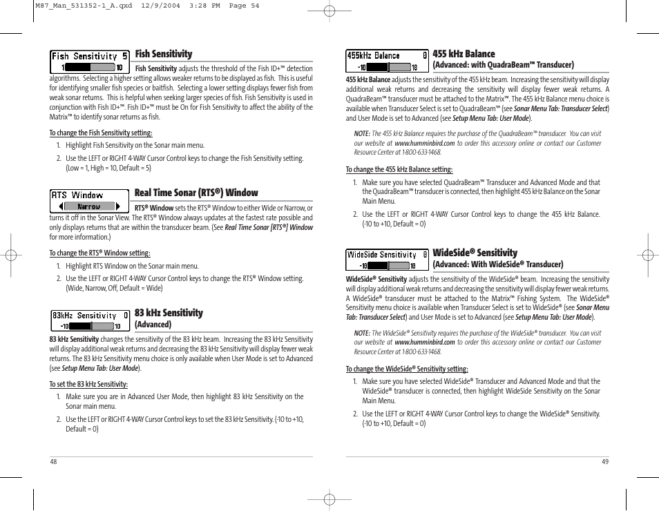 455 khz balance, Wideside® sensitivity, Fish sensitivity | Real time sonar (rts®) window, 83 khz sensitivity | Humminbird Matrix Series Sonar Fishfinder Model Matrix 87 User Manual | Page 28 / 45